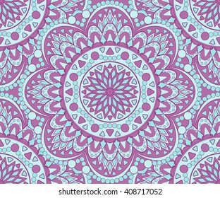 Seamless oriental ornamental pattern. Vector laced decorative background with floral and geometric ornament. Repeating geometric tiles with mandala. Indian or Arabic motive. Boho festival style.