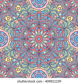 Seamless oriental ornamental pattern. Vector laced decorative background with floral and geometric ornament. Repeating geometric tiles with mandala. Indian or Arabic motive. Boho festival style.