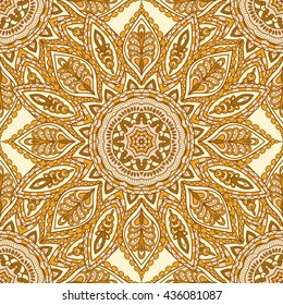Seamless oriental ornamental pattern. Vector laced decorative background with floral and geometric ornament. Repeating geometric tiles with mandala. Indian or Arabic motive. Festival style.