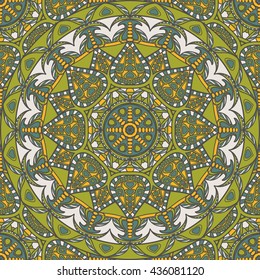 Seamless oriental ornamental pattern. Vector laced decorative background with floral and geometric ornament. Repeating geometric tiles with mandala. Indian or Arabic motive. Festival style.