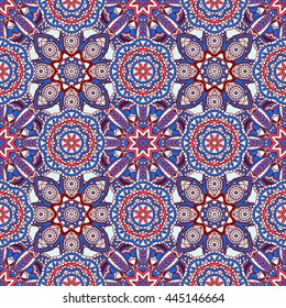 Seamless oriental ornamental pattern. Vector laced decorative background with floral and geometric ornament. Repeating geometric tiles with mandala. Indian or Arabic motive. Festival style.