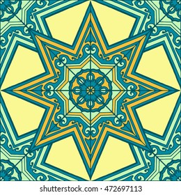 Seamless oriental ornamental pattern. Vector laced decorative background with floral and geometric ornament. Repeating geometric tiles with mandala. Indian or Arabic motive. Festival style.