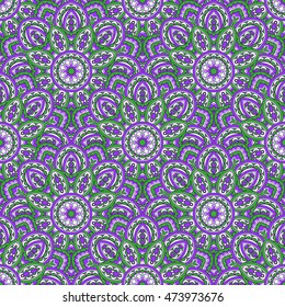 Seamless oriental ornamental pattern. Vector laced decorative background with floral and geometric ornament. Repeating geometric tiles with mandala. Indian or Arabic motive. Boho festival style.