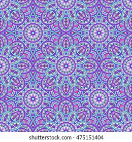 Seamless oriental ornamental pattern. Vector laced decorative background with floral and geometric ornament. Repeating geometric tiles with mandala. Indian or Arabic motive. Boho festival style.