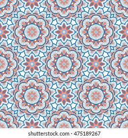 Seamless oriental ornamental pattern. Vector laced decorative background with floral and geometric ornament. Repeating geometric tiles with mandala. Indian or Arabic motive. Boho festival style.