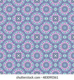 Seamless oriental ornamental pattern. Vector laced decorative background with floral and geometric ornament. Repeating geometric tiles with mandala. Indian or Arabic motive. Boho festival style.