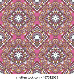Seamless oriental ornamental pattern. Vector laced decorative background with floral and geometric ornament. Repeating geometric tiles with mandala. Indian or Arabic motive. Boho festival style.
