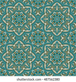 Seamless oriental ornamental pattern. Vector laced decorative background with floral and geometric ornament. Repeating geometric tiles with mandala. Indian or Arabic motive. Boho festival style.
