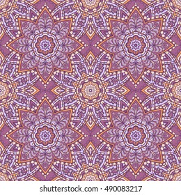 Seamless oriental ornamental pattern. Vector laced decorative background with floral and geometric ornament. Repeating geometric tiles with mandala. Indian or Arabic motive. Boho festival style.