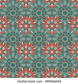 Seamless oriental ornamental pattern. Vector laced decorative background with floral and geometric ornament. Repeating geometric tiles with mandala. Indian or Arabic motive. Boho festival style.