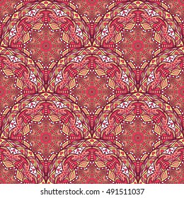 Seamless oriental ornamental pattern. Vector laced decorative background with floral and geometric ornament. Repeating geometric tiles with mandala. Indian or Arabic motive. Boho festival style.