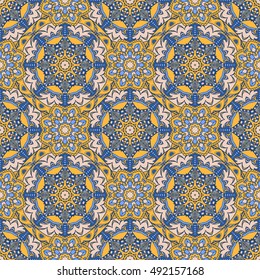 Seamless oriental ornamental pattern. Vector laced decorative background with floral and geometric ornament. Repeating geometric tiles with mandala. Indian or Arabic motive. Boho festival style.