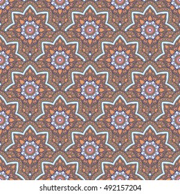 Seamless oriental ornamental pattern. Vector laced decorative background with floral and geometric ornament. Repeating geometric tiles with mandala. Indian or Arabic motive. Boho festival style.