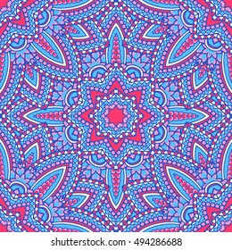 Seamless oriental ornamental pattern. Vector laced decorative background with floral and geometric ornament. Repeating geometric tiles with mandala. Indian or Arabic motive. Boho festival style.