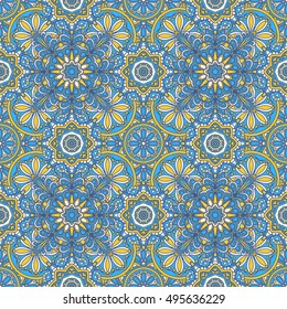 Seamless oriental ornamental pattern. Vector laced decorative background with floral and geometric ornament. Repeating geometric tiles with mandala. Indian or Arabic motive. Boho festival style.