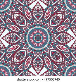Seamless oriental ornamental pattern. Vector laced decorative background with floral and geometric ornament. Repeating geometric tiles with mandala. Indian or Arabic motive. Boho festival style.