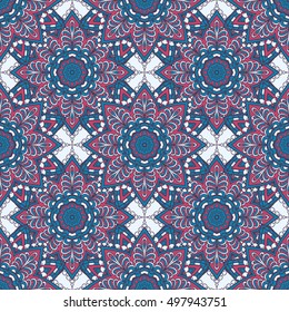 Seamless oriental ornamental pattern. Vector laced decorative background with floral and geometric ornament. Repeating geometric tiles with mandala. Indian or Arabic motive. Boho festival style.