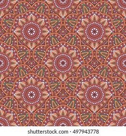 Seamless oriental ornamental pattern. Vector laced decorative background with floral and geometric ornament. Repeating geometric tiles with mandala. Indian or Arabic motive. Boho festival style.