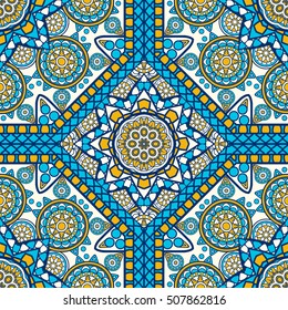 Seamless oriental ornamental pattern. Vector laced decorative background with floral and geometric ornament. Repeating geometric tiles with mandala. Indian or Arabic motive. Boho festival style.