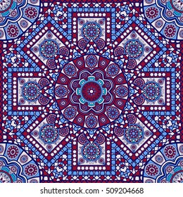 Seamless oriental ornamental pattern. Vector laced decorative background with floral and geometric ornament. Repeating geometric tiles with mandala. Indian or Arabic motive. Boho festival style.