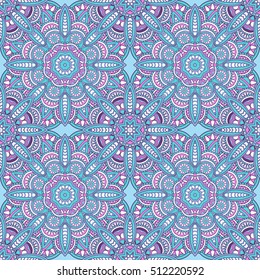 Seamless oriental ornamental pattern. Vector laced decorative background with floral and geometric ornament. Repeating geometric tiles with mandala. Indian or Arabic motive. Boho festival style.