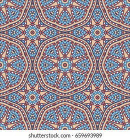 Seamless oriental ornamental pattern. Vector laced decorative background with floral and geometric ornament. Repeating embellished tiles with mandala. Indian or Arabic motive.