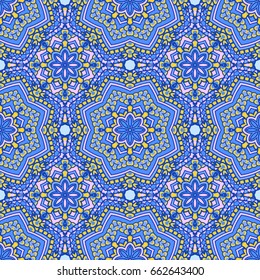 Seamless oriental ornamental pattern. Vector laced decorative background with floral and geometric ornament. Repeating embellished tiles with mandala. Indian or Arabic motive.