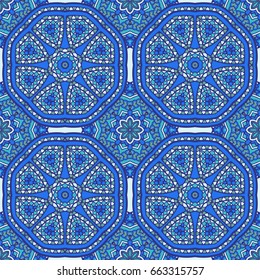 Seamless oriental ornamental pattern. Vector laced decorative background with floral and geometric ornament. Repeating embellished tiles with mandala. Indian or Arabic motive.