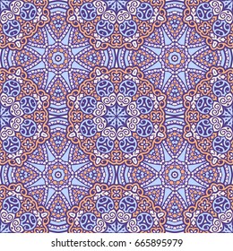 Seamless oriental ornamental pattern. Vector laced decorative background with floral and geometric ornament. Repeating embellished tiles with mandala. Indian or Arabic motive.