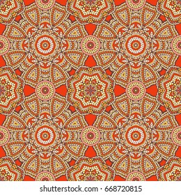 Seamless oriental ornamental pattern. Vector laced decorative background with floral and geometric ornament. Repeating embellished tiles with mandala. Indian or Arabic motive.