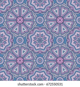 Seamless oriental ornamental pattern. Vector laced decorative background with floral and geometric ornament. Repeating embellished tiles with mandala. Indian or Arabic motive.