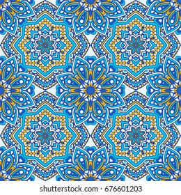 Seamless oriental ornamental pattern. Vector laced decorative background with floral and geometric ornament. Repeating embellished tiles with mandala. Indian or Arabic motive.