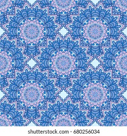 Seamless oriental ornamental pattern. Vector laced decorative background with floral and geometric ornament. Repeating embellished tiles with mandala. Indian or Arabic motive.