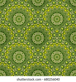 Seamless oriental ornamental pattern. Vector laced decorative background with floral and geometric ornament. Repeating embellished tiles with mandala. Indian or Arabic motive.