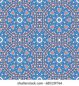 Seamless oriental ornamental pattern. Vector laced decorative background with floral and geometric ornament. Repeating embellished tiles with mandala. Indian or Arabic motive.