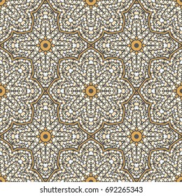 Seamless oriental ornamental pattern. Vector laced decorative background with floral and geometric ornament. Repeating embellished tiles with mandala. Indian or Arabic motive.