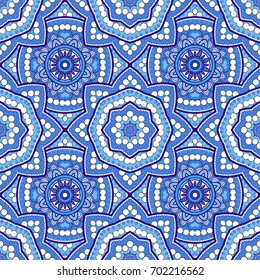 Seamless oriental ornamental pattern. Vector laced decorative background with floral and geometric ornament. Repeating mosaic tiles with mandala. Indian or Arabic motive.