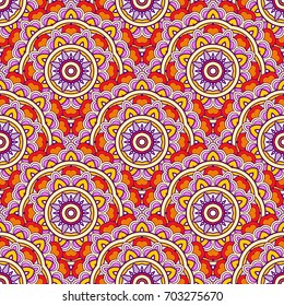 Seamless oriental ornamental pattern. Vector laced decorative background with floral and geometric ornament. Repeating mosaic tiles with mandala. Indian or Arabic motive.