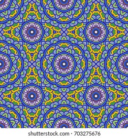 Seamless oriental ornamental pattern. Vector laced decorative background with floral and geometric ornament. Repeating mosaic tiles with mandala. Indian or Arabic motive.