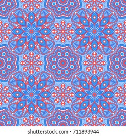 Seamless oriental ornamental pattern. Vector laced decorative background with floral and geometric ornament. Repeating mosaic tiles with mandala. Indian or Arabic motive.