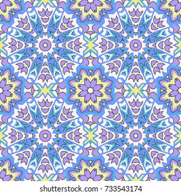 Seamless oriental ornamental pattern. Vector laced decorative background with floral and geometric ornament. Repeating mosaic tiles with mandala. Indian or Arabic motive.