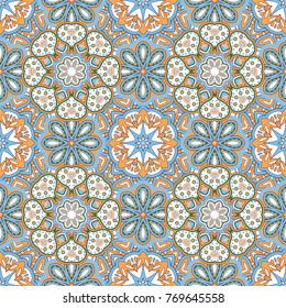 Seamless oriental ornamental pattern. Vector laced decorative background with floral and geometric ornament. Repeating mosaic tiles with mandala. Indian or Arabic motive.