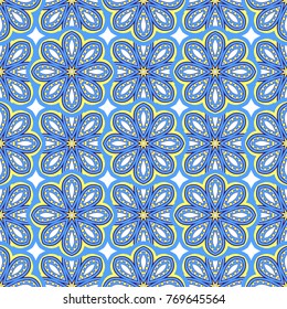 Seamless oriental ornamental pattern. Vector laced decorative background with floral and geometric ornament. Repeating mosaic tiles with mandala. Indian or Arabic motive.