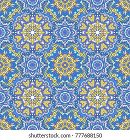 Seamless oriental ornamental pattern. Vector laced decorative background with floral and geometric ornament. Repeating mosaic tiles with mandala. Indian or Arabic motive.