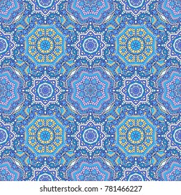 Seamless oriental ornamental pattern. Vector laced decorative background with floral and geometric ornament. Repeating mosaic tiles with mandala. Indian or Arabic motive.