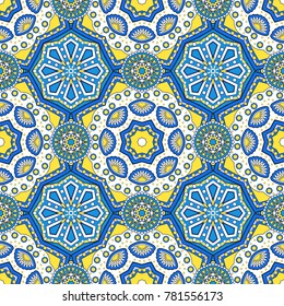 Seamless oriental ornamental pattern. Vector laced decorative background with floral and geometric ornament. Repeating mosaic tiles with mandala. Indian or Arabic motive.