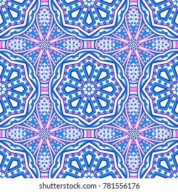 Seamless oriental ornamental pattern. Vector laced decorative background with floral and geometric ornament. Repeating mosaic tiles with mandala. Indian or Arabic motive.