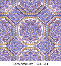 Seamless oriental ornamental pattern. Vector laced decorative background with floral and geometric ornament. Repeating mosaic tiles with mandala. Indian or Arabic motive.