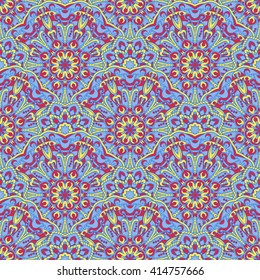 Seamless oriental ornamental vector pattern. Laced decorative background with round floral and geometric ornament. Repeating geometric tiles with mandala. Indian or Arabic motive. 