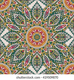 Seamless oriental ornamental vector pattern. Laced decorative background with round floral and geometric ornament. Repeating geometric tiles with mandala. Indian or Arabic motive.